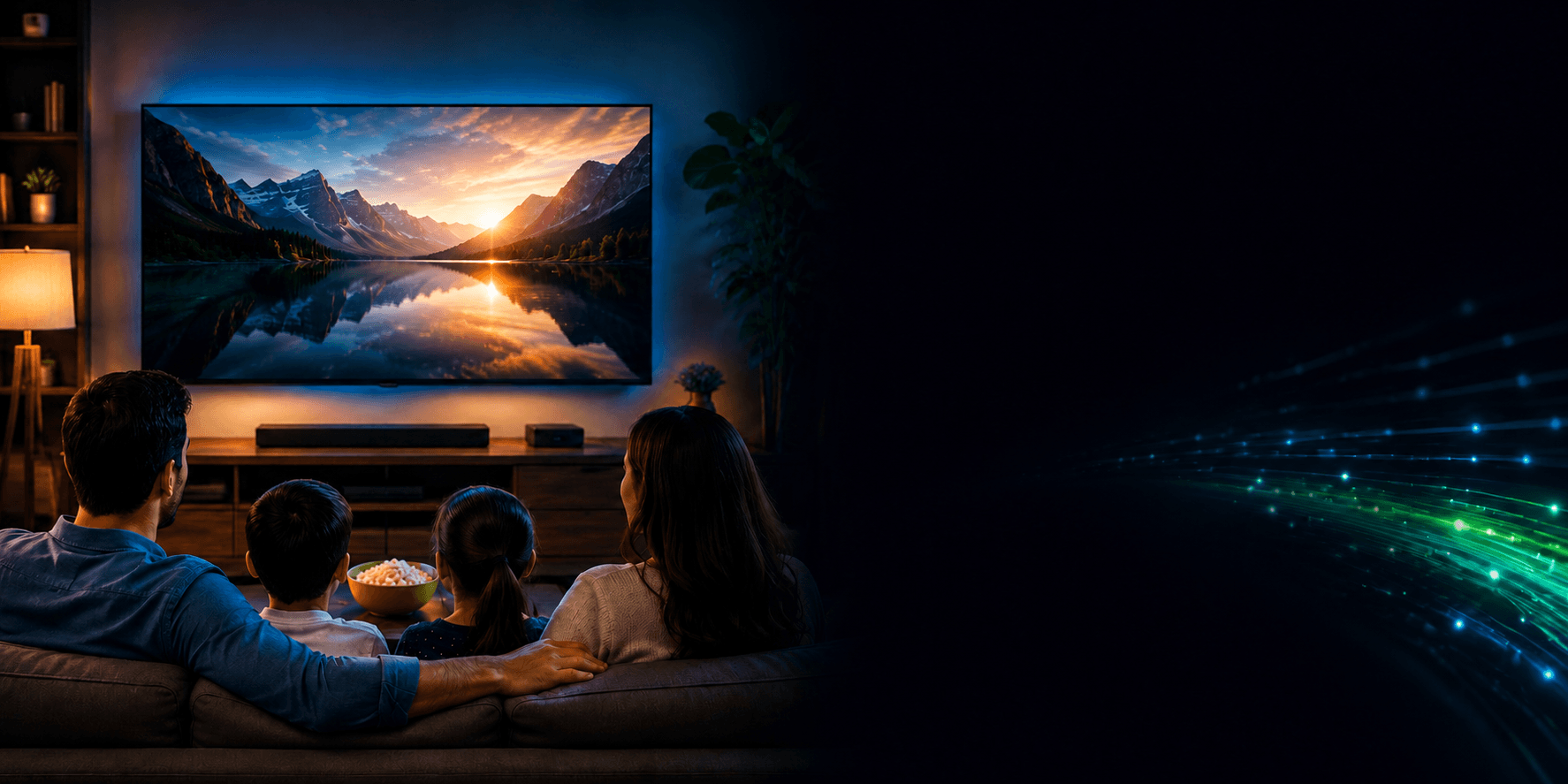 Family enjoying smart home entertainment on a large TV