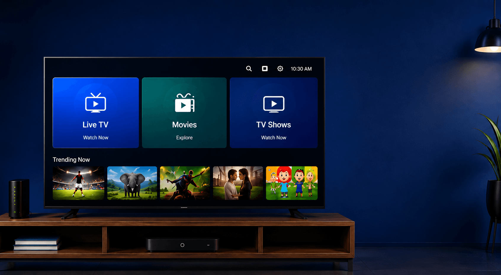 Smart TV dashboard with live TV and streaming apps